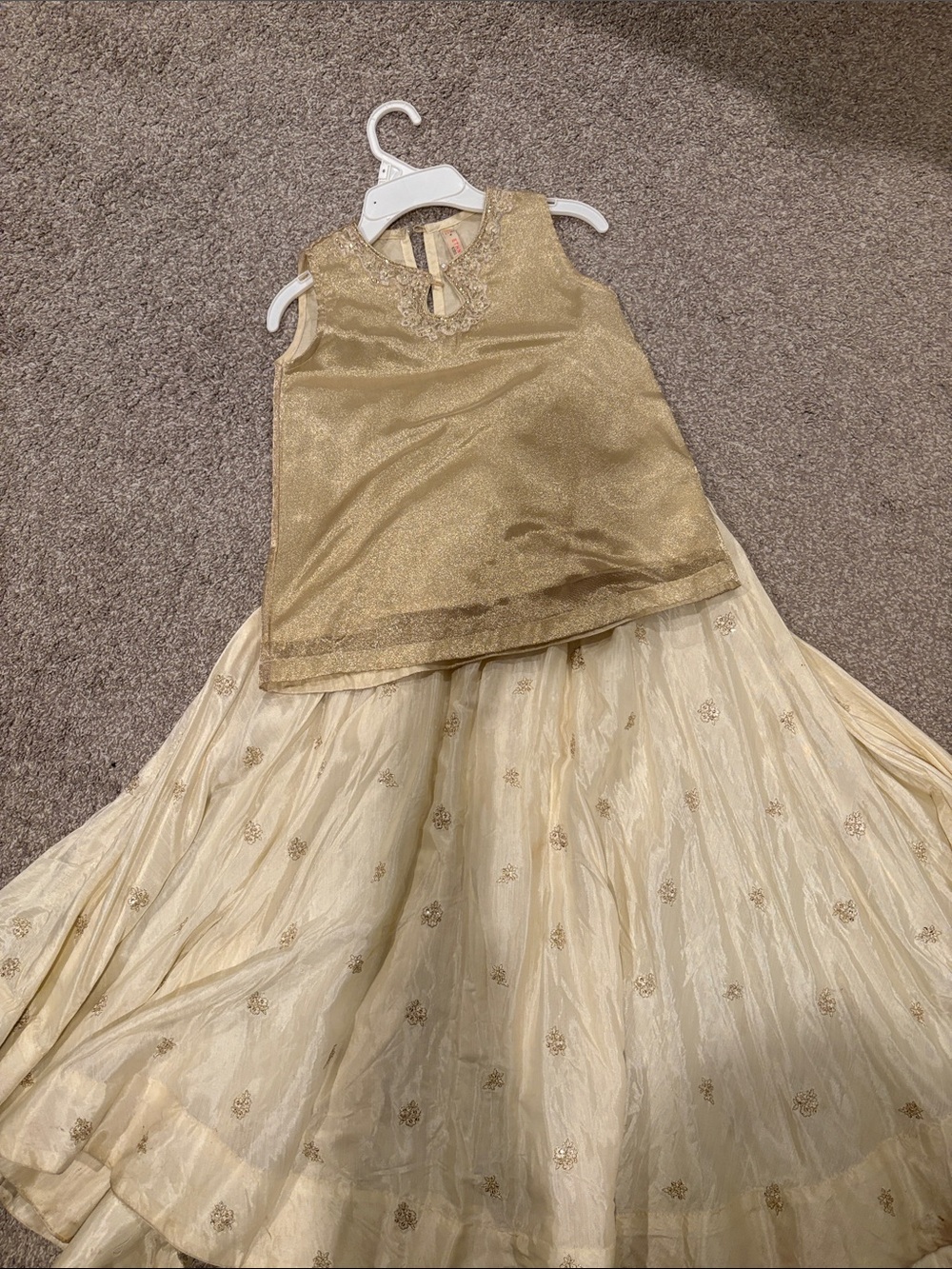 Gold Embellished Girls Dress Set - Sparkle Top & Cream Skirt